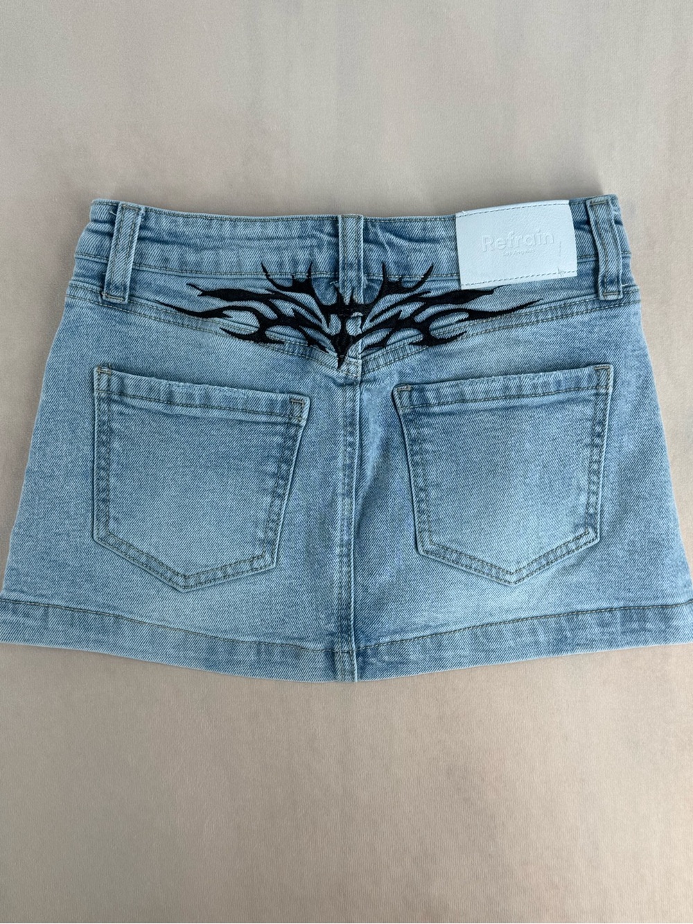 Refrain Y2K Tribal Embroidered Low Rise Denim Micro Mini Skirt 00/23